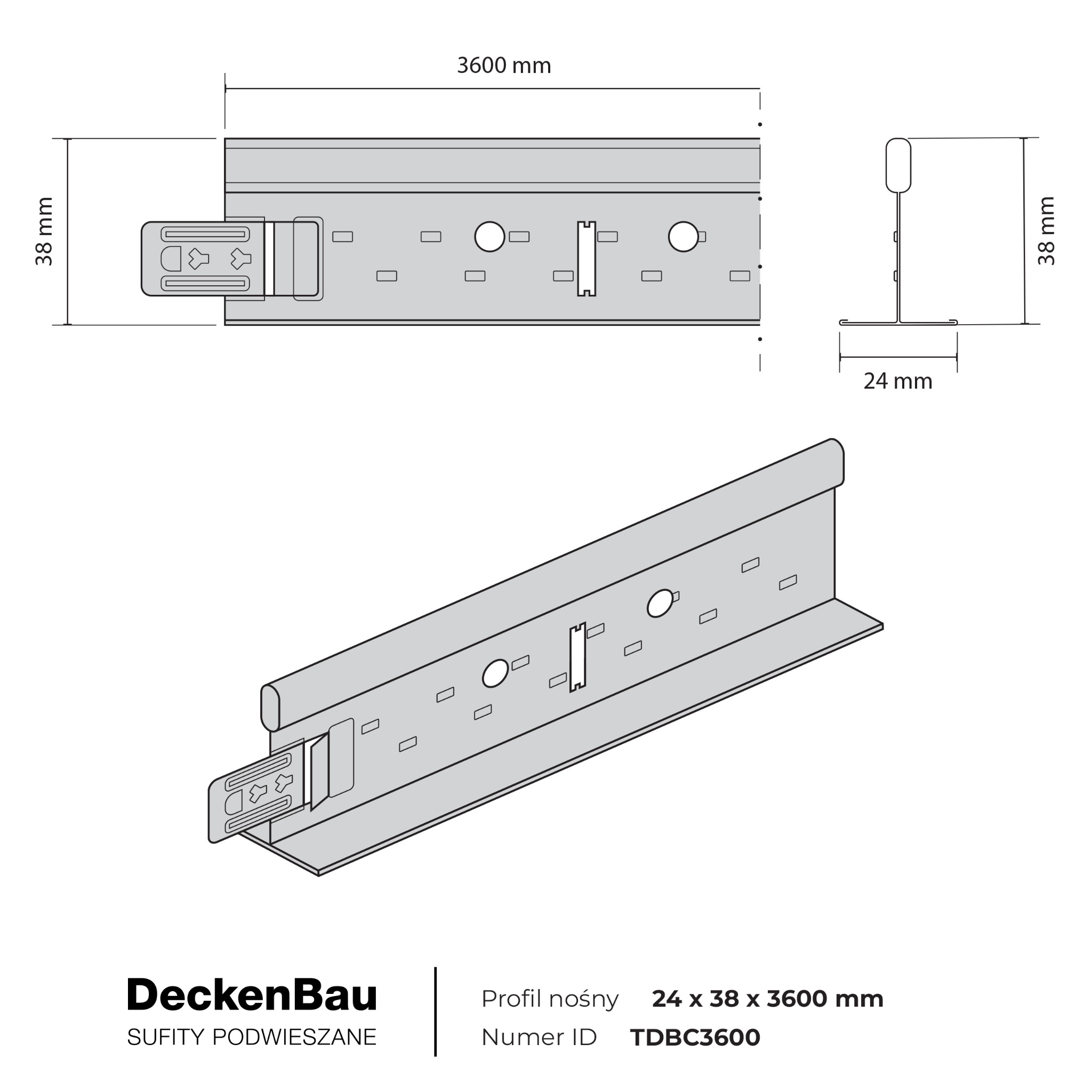 Schemat techniczny profilu nośnego do sufitów podwieszanych DeckenBau o wymiarach 24x38x3600 mm, z widocznymi wymiarami i numerem ID TDBC3600.