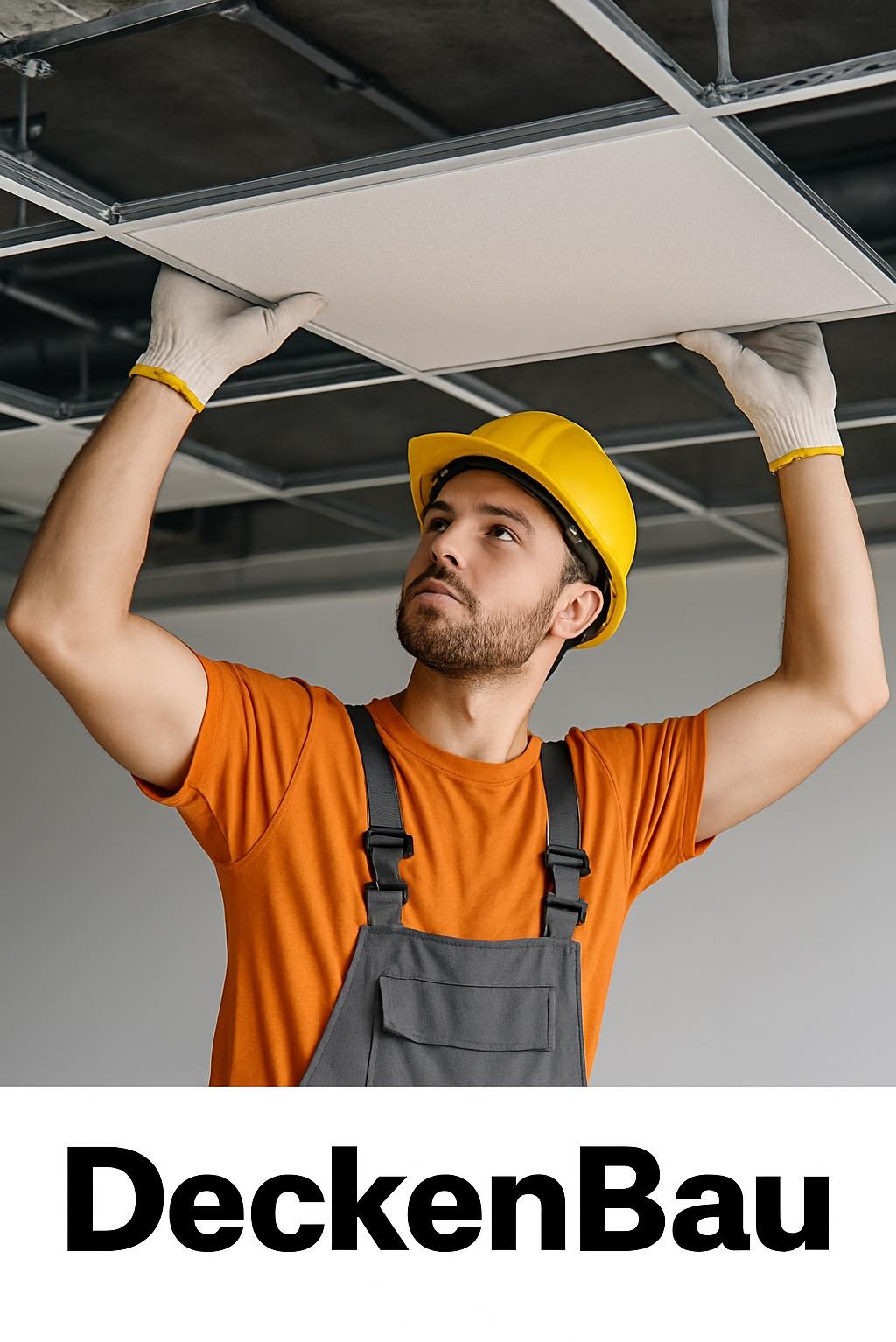 Pracownik w kasku montuje kaseton sufitowy w metalowej konstrukcji. Widoczne rękawice ochronne i strój roboczy. Ujęcie od dołu, z bliska.