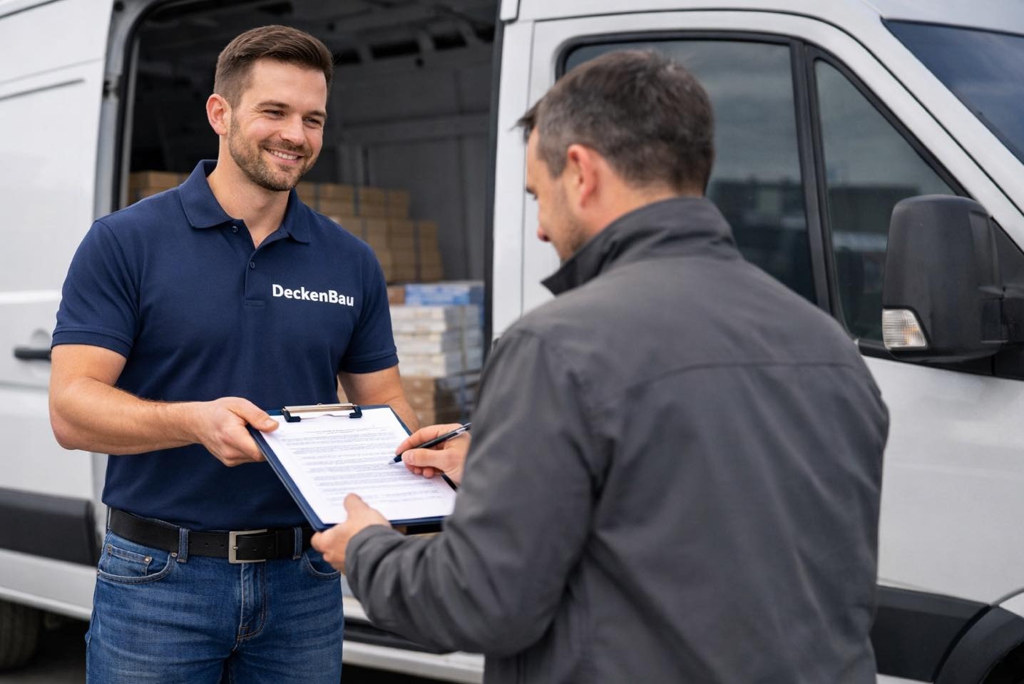 Uśmiechnięty monter w granatowej koszulce DeckenBau przekazuje klientowi umowę na tle białego busa z płytami karton-gips.
