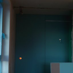 DaniTEC - Wnętrze w trakcie remontu: ściany z płyt gipsowo-kartonowych, widoczne przewody elektryczne wystające ze ściany, przygotowane otwory pod gniazdka.