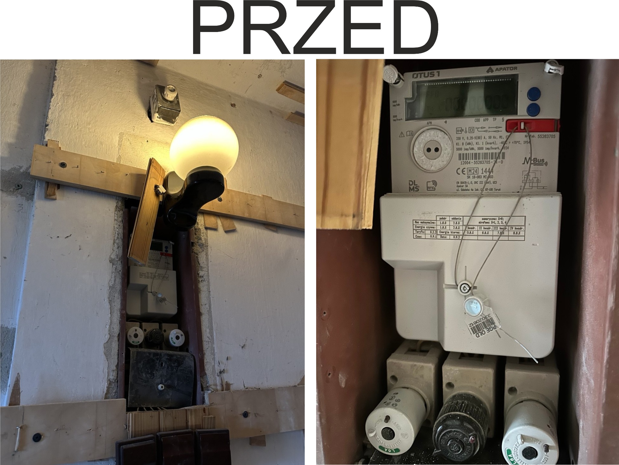 Zdjęcie 'przed' wymianą licznika elektrycznego i zabezpieczeń. Widoczny stary licznik, bezpieczniki topikowe i prowizoryczne oświetlenie.