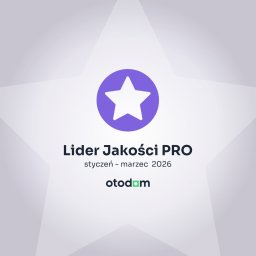 VELOX SPÓŁKA Z OGRANICZONĄ ODPOWIEDZIALNOŚCIĄ - Lider Jakości PRO Otodom, styczeń-marzec 2026. Fioletowe logo gwiazdy na tle jasnoszarej, rozgwieżdżonej grafiki. Nagroda za jakość usług.