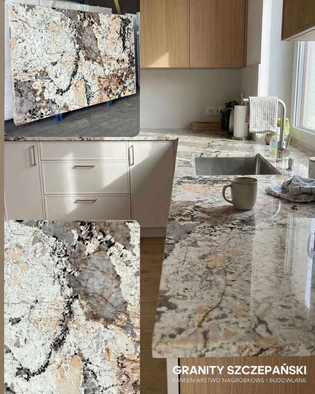 Błyszczący blat kuchenny z unikalnego kamienia z widoczną strukturą, w tle fragment płyty kamiennej i zabudowa kuchenna. Ujęcie z bliska, z kubkiem na blacie.