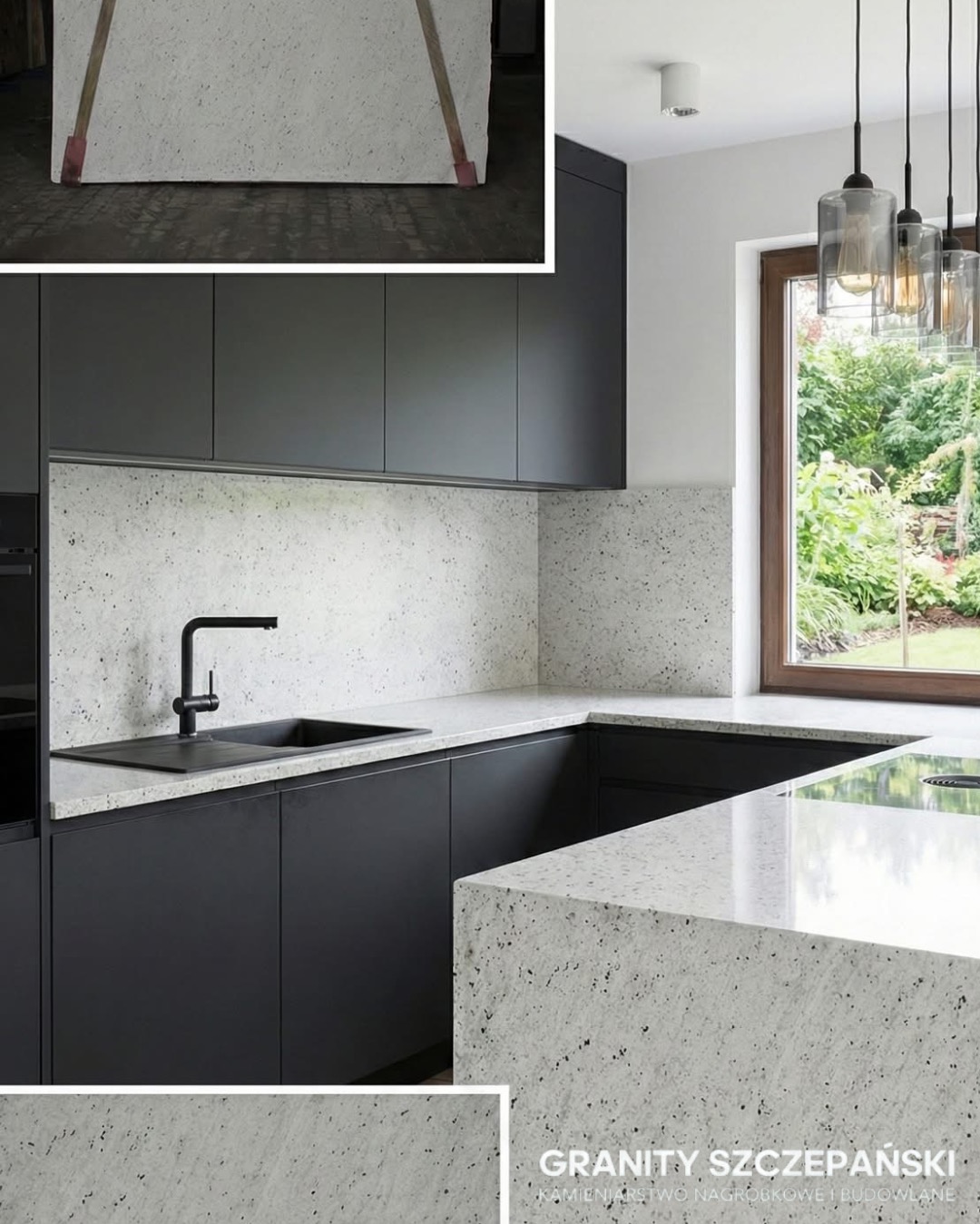 Nowoczesna kuchnia z blatem z jasnego kamienia z ciemnymi plamkami, czarna armatura i szafki. W tle fragment płyty kamiennej.