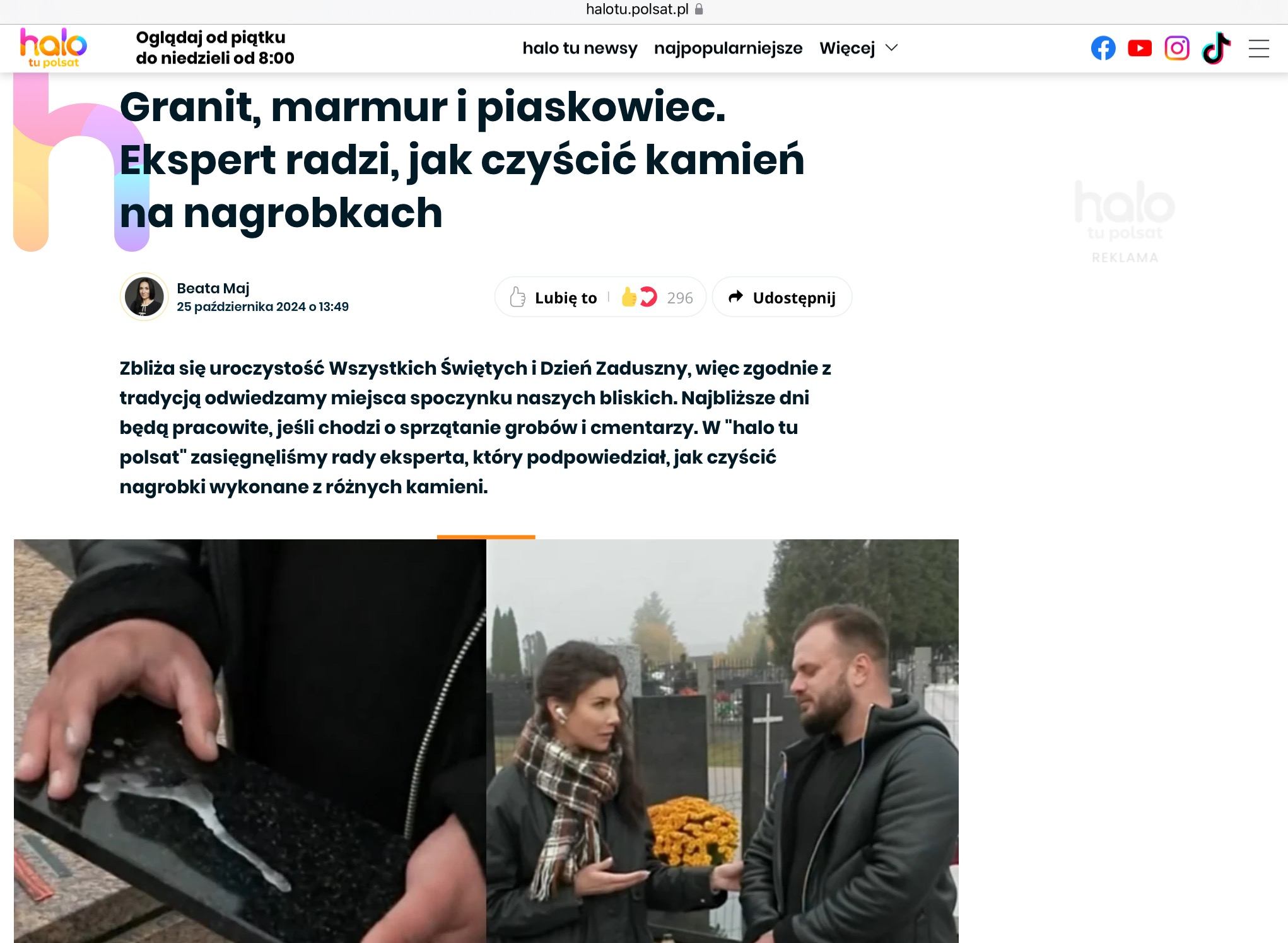 Czyszczenie kamienia nagrobkowego: zbliżenie na dłoń czyszczącą czarny kamień, w tle cmentarz i rozmowa ekspertów o pielęgnacji nagrobków przed Wszystkimi Świętymi.