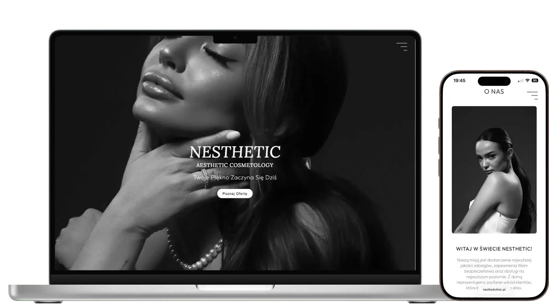 Prezentacja responsywnej strony salonu medycyny estetycznej na laptopie i smartfonie. Minimalistyczny design, czarno-biała kolorystyka, profesjonalny wizerunek marki.