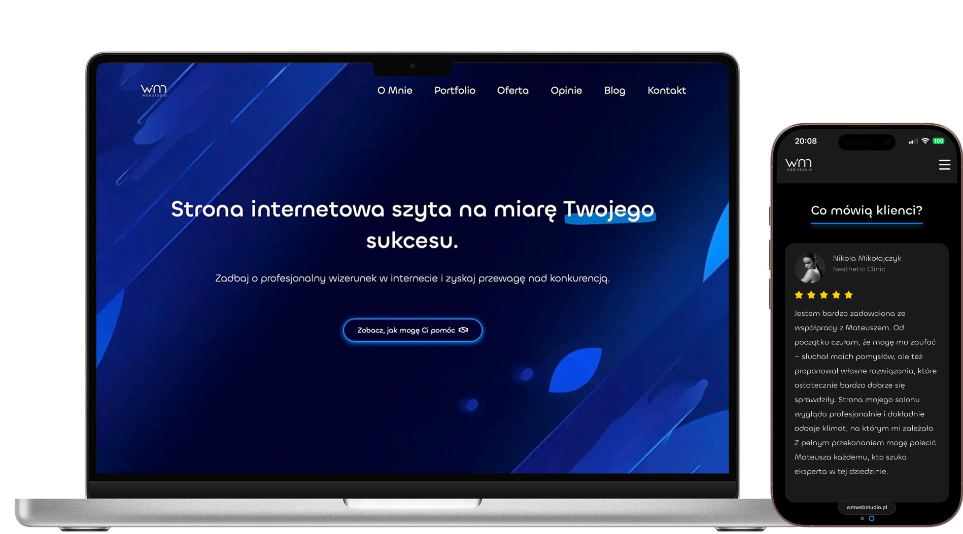Laptop i smartfon prezentują stronę internetową z opinią klientki. Ciemnoniebieska kolorystyka, nowoczesny design, widoczne menu i fragment tekstu zadowolonej klientki.