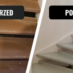 USŁUGI BUDOWLANE SOBKOWIAK DAWID - Schody drewniane: brązowe, zniszczone (PRZED) i odnowione, pomalowane na szaro (PO). Widok z góry, kontrastowe ujęcie prezentuje efekt renowacji.