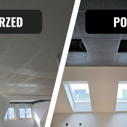 USŁUGI BUDOWLANE SOBKOWIAK DAWID - Zdjęcie 'przed i po' przedstawia remontowany pokój na poddaszu z oknami dachowymi. Po lewej surowy strop, po prawej sufit kasetonowy i pomalowane ściany.