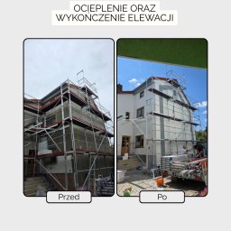 USŁUGI BUDOWLANE SOBKOWIAK DAWID - Ocieplenie i wykończenie elewacji domu: porównanie stanu przed i po. Widoczne rusztowania, ocieplona elewacja w kolorze białym, poprawiony wygląd budynku.