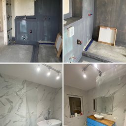 USŁUGI BUDOWLANE SOBKOWIAK DAWID - Remont łazienki we Wrześni: kolaż 'przed i po' z szarą farbą i białymi płytkami imitującymi marmur. Nowoczesna wanna wolnostojąca i niebieska szafka pod umywalkę.