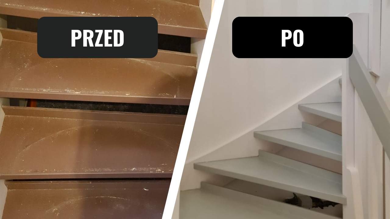 Schody drewniane: brązowe, zniszczone (PRZED) i odnowione, pomalowane na szaro (PO). Widok z góry, kontrastowe ujęcie prezentuje efekt renowacji.