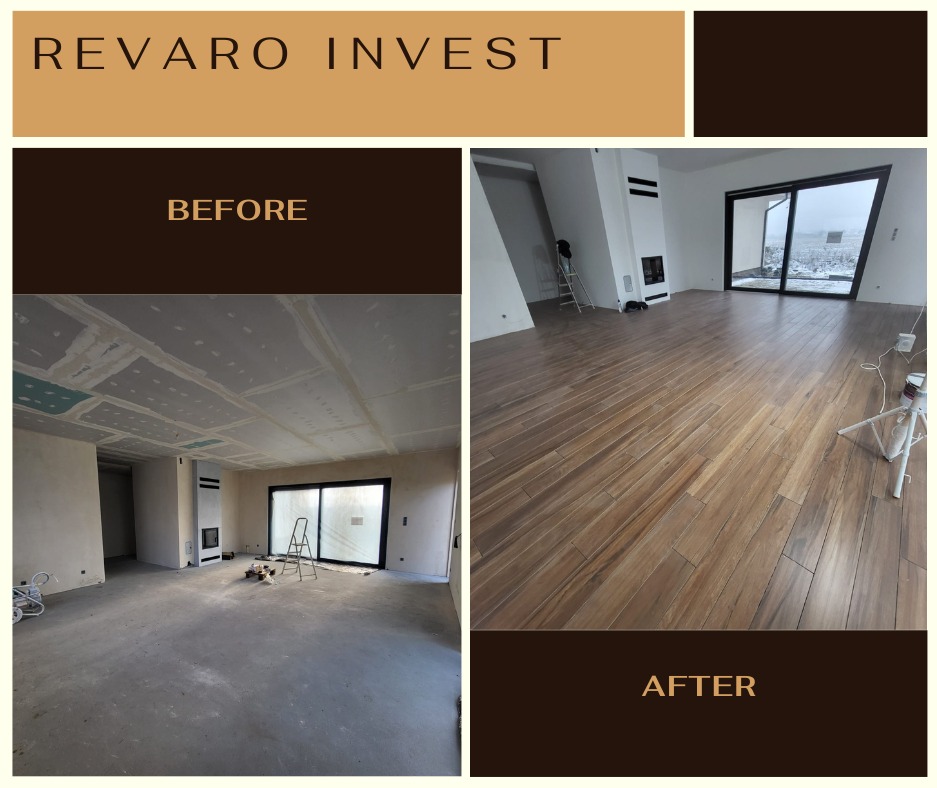 Porównanie stanu surowego z wykończonym wnętrzem: płyty gipsowe na suficie przed, drewnopodobna podłoga po. Duże okno przesuwne, nowoczesny kominek.