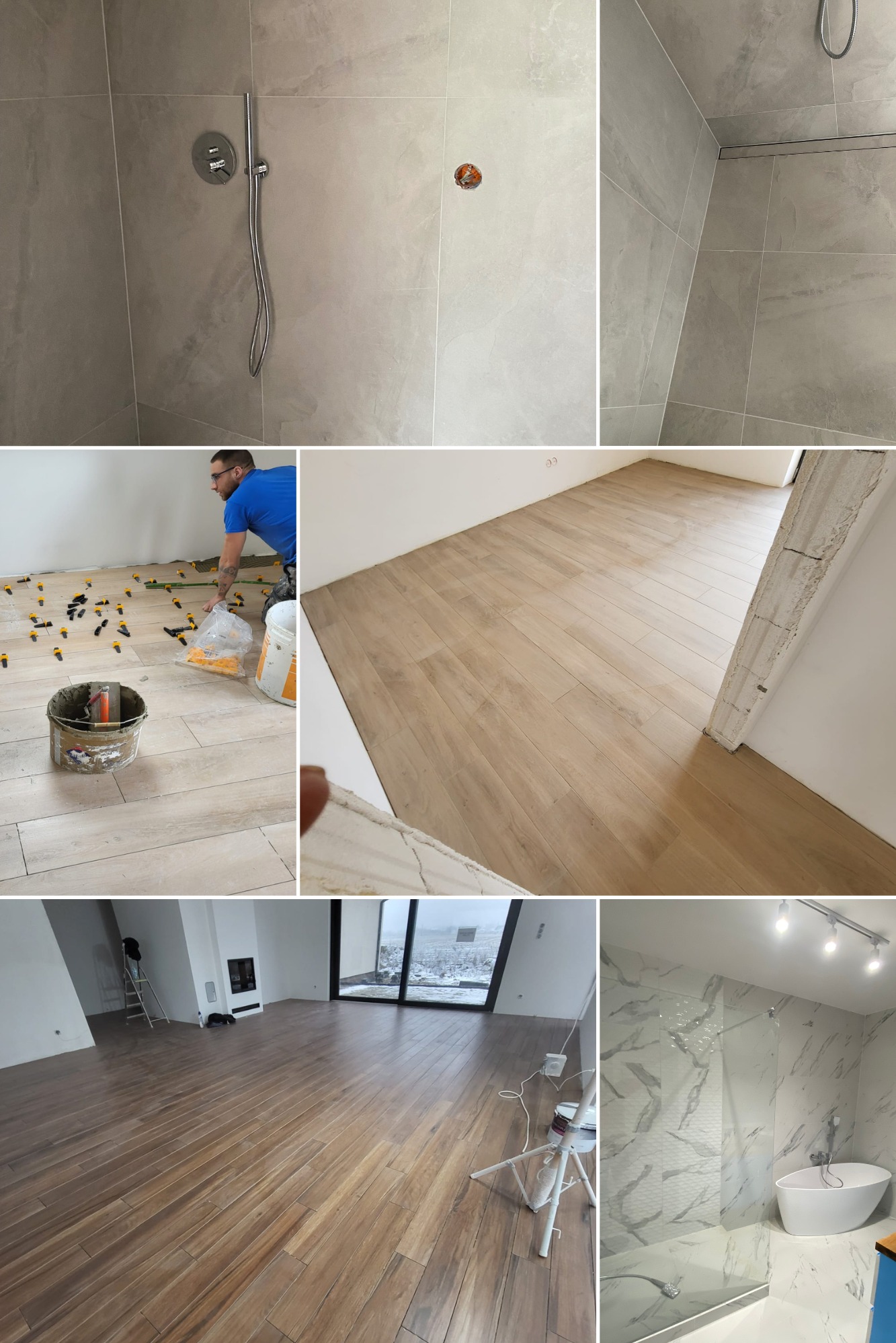 Mozaika zdjęć: łazienka z szarymi płytkami, układanie drewnopodobnej podłogi z użyciem klipsów poziomujących, gotowa podłoga w salonie i wykończona łazienka z wanną.