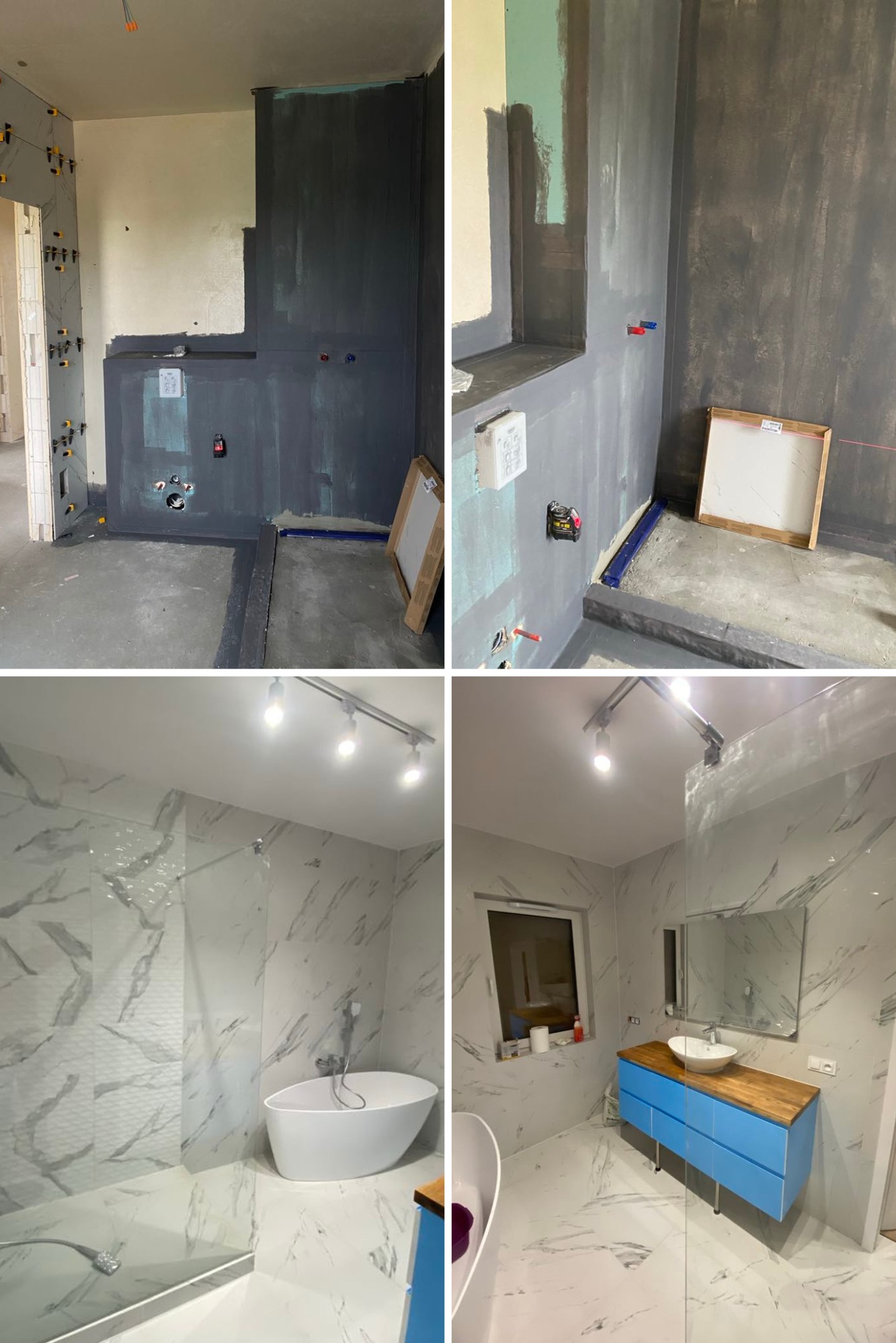 Remont łazienki we Wrześni: kolaż 'przed i po' z szarą farbą i białymi płytkami imitującymi marmur. Nowoczesna wanna wolnostojąca i niebieska szafka pod umywalkę.