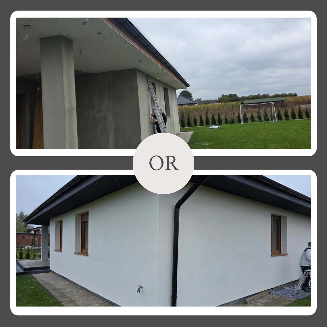 Porównanie elewacji domu: surowa (szara) i po malowaniu (biała). Widoczny pracownik na drabinie podczas prac wykończeniowych. Zestawienie przed i po.