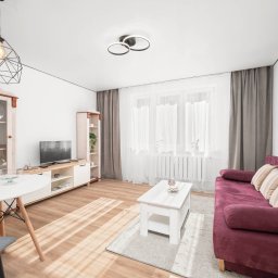 Usługi budowlane - Jasne wnętrze salonu z drewnianą podłogą, burgundową sofą i białymi meblami. Okrągłe lustra na ścianie i designerskie lampy dodają nowoczesnego charakteru.