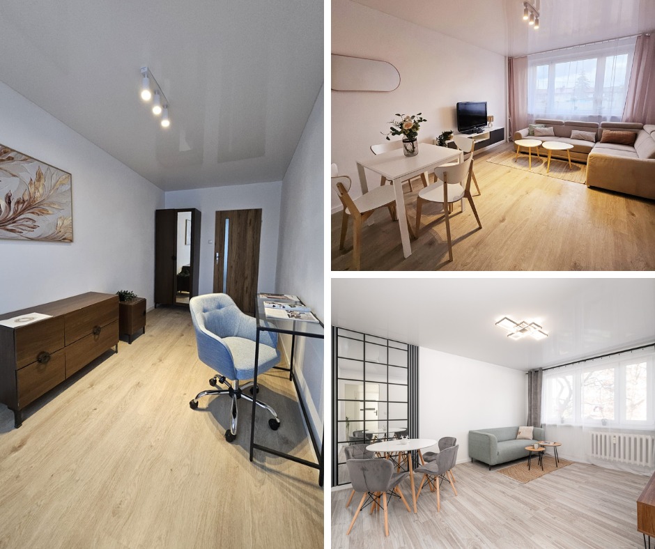 Kompozycja trzech wnętrz po remoncie: pokój z biurkiem, jadalnia z sofą i salon z szarą sofą. Jasne podłogi, białe ściany, nowoczesne oświetlenie.