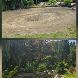 Arkadiusz Gruszka - Etapy budowy oczka wodnego: wykopany dół z uformowanymi poziomami i gotowe oczko z kamieniami, roślinami i kaskadą. Ujęcie typu 'przed i po'.