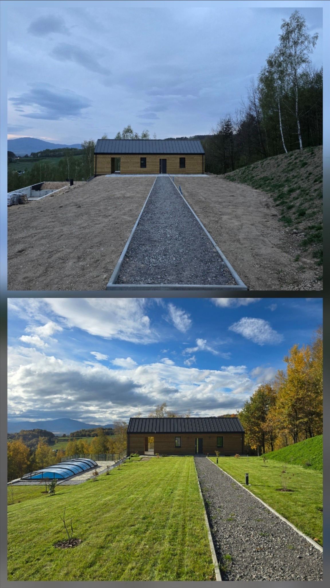 Zdjęcie 'przed i po' ukazuje metamorfozę terenu: od surowego gruntu z budynkiem po zielony trawnik, ścieżkę z kamienia i basen. Widoczne zmiany w krajobrazie i otoczeniu budynku.