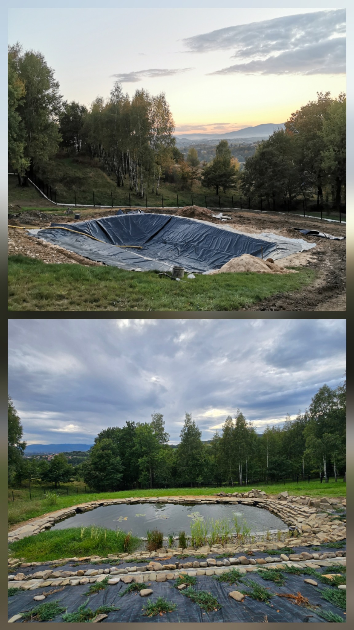 Dwa ujęcia: górne - wykopany dół pod oczko wodne z folią, dolne - gotowe oczko wodne z kamieniami, roślinami wodnymi i otaczającą zielenią. Widok na pagórkowaty krajobraz.