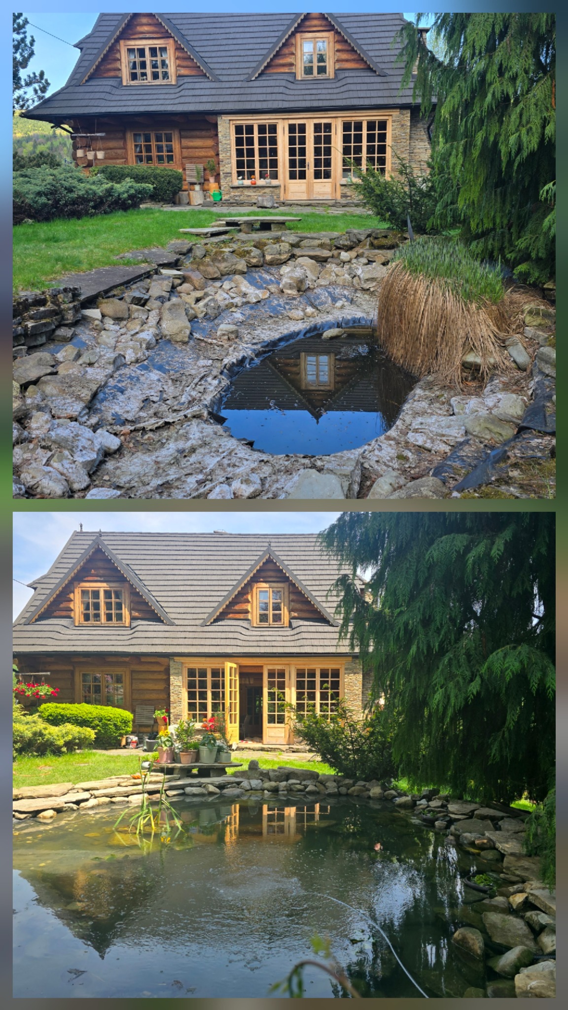 Dwa ujęcia: budowa oczka wodnego z folią i kamieniami oraz gotowe oczko wodne z roślinnością na tle drewnianego domu z oknami.