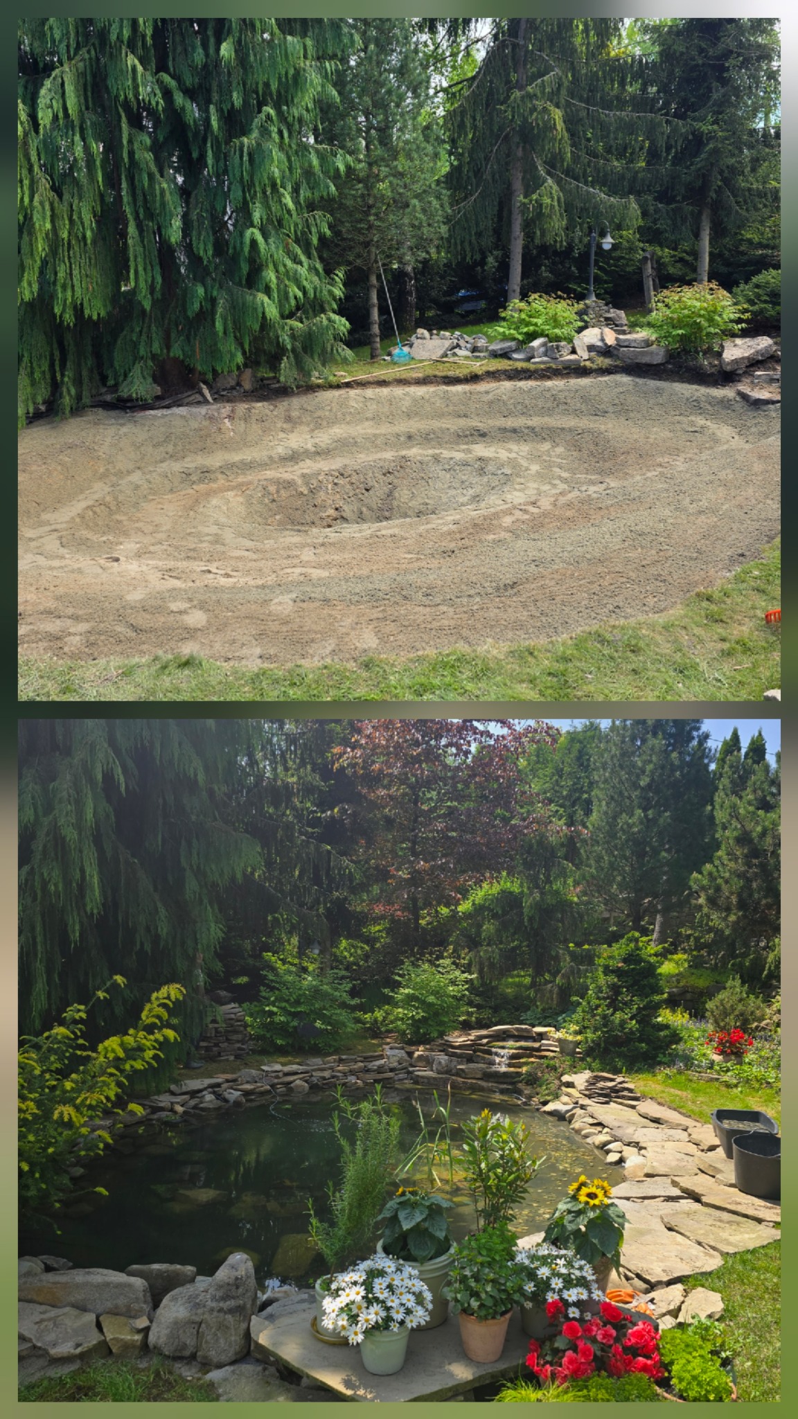 Etapy budowy oczka wodnego: wykopany dół z uformowanymi poziomami i gotowe oczko z kamieniami, roślinami i kaskadą. Ujęcie typu 'przed i po'.