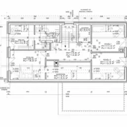 Rzut poziomy domu jednorodzinnego z wymiarami pomieszczeń, powierzchnią, wysokością okien i rozmieszczeniem mebli.
