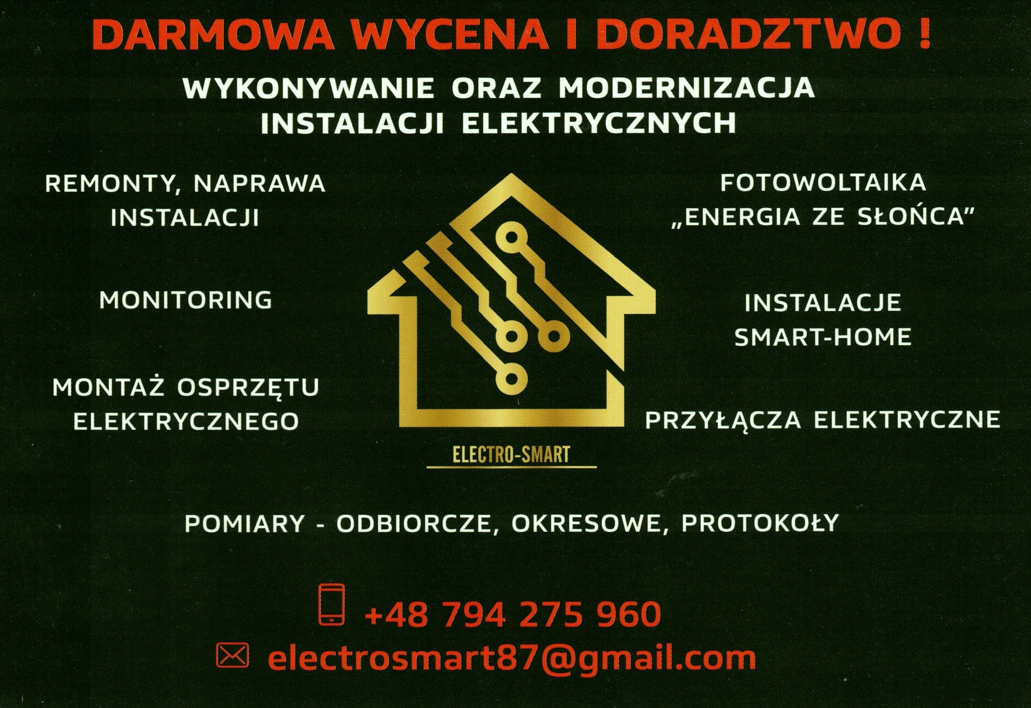 Grafika reklamowa firmy Electro-Smart: instalacje elektryczne, fotowoltaika, smart-home, pomiary, przyłącza. Darmowa wycena i doradztwo. Kontakt: +48 794 275 960.