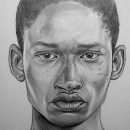 Realistyczny portret frontalny, pokazujący precyzję w budowie twarzy, oczach i ustach. Wyrazisty charakter, dobre kontrasty i naturalne przejścia tonalne.