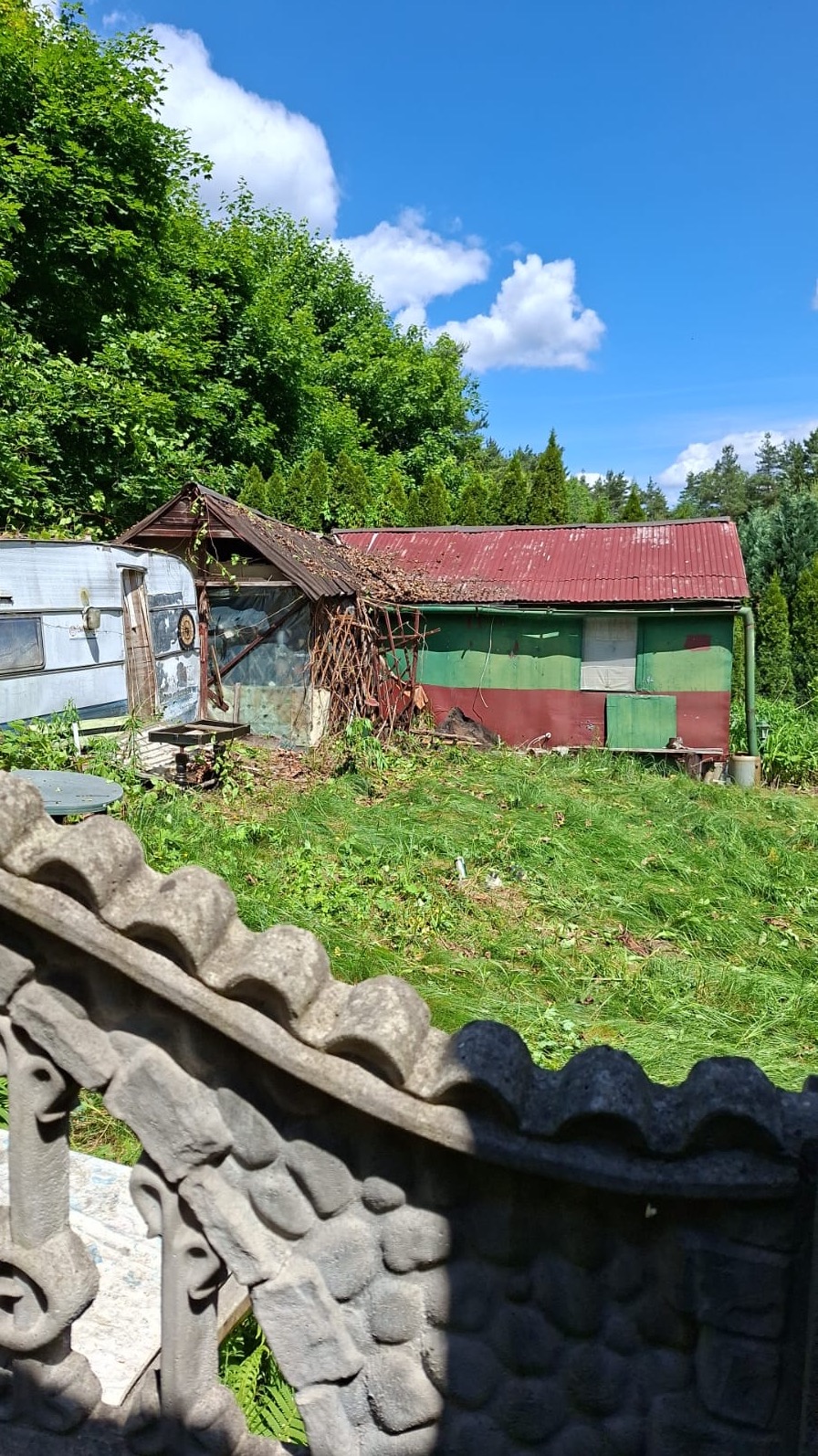 Zaniedbana szopa z czerwono-zielonym dachem i starym kamperem, otoczona wysoką trawą i pnączami, widoczna zza betonowego ogrodzenia.