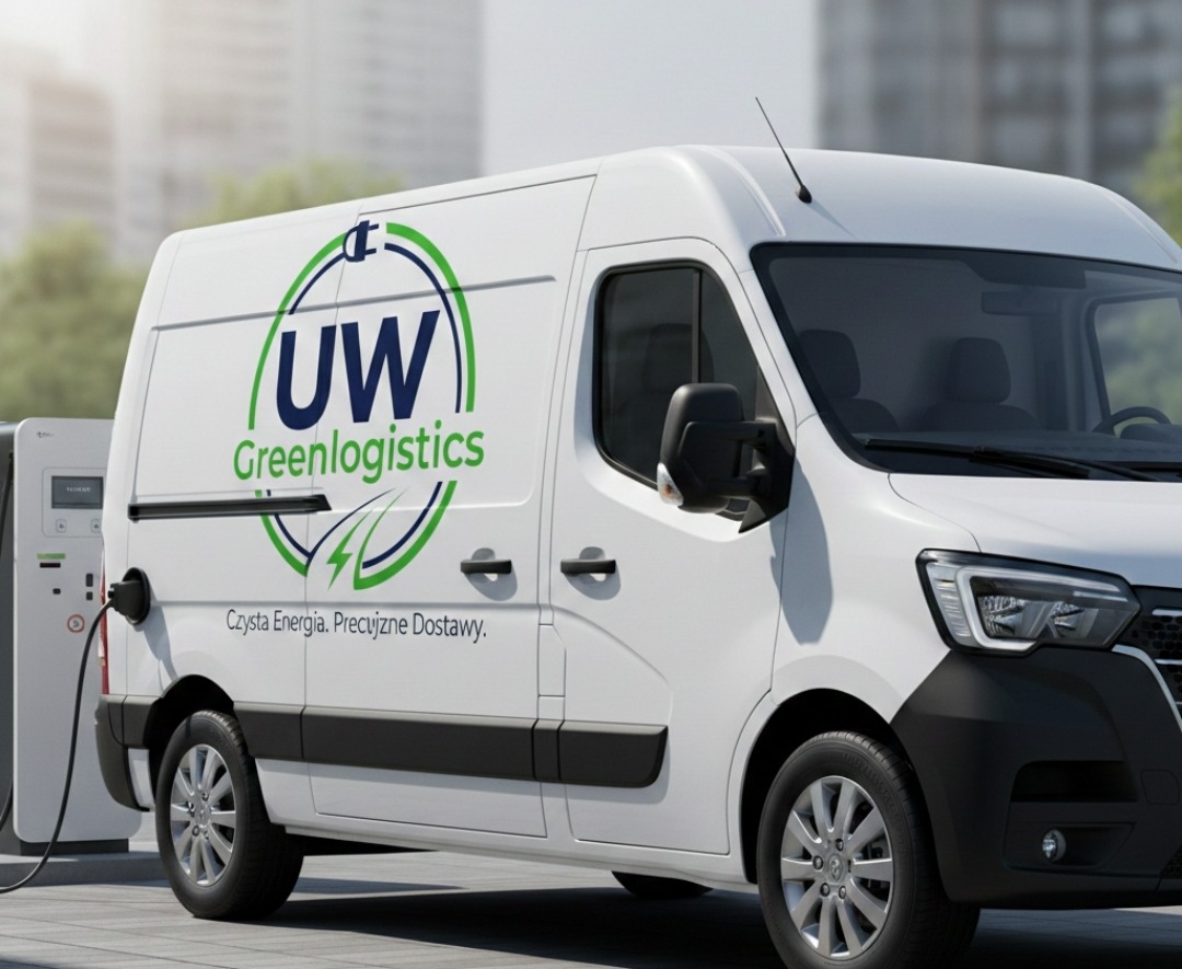 Biały, elektryczny bus dostawczy z logo 'UW Greenlogistics' podłączony do stacji ładowania. Czysta energia, precyzyjne dostawy.