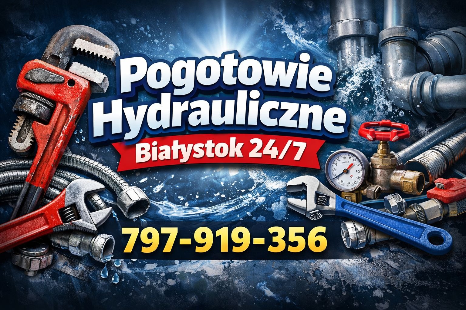 Grafika reklamowa: Pogotowie Hydrauliczne Białystok 24/7. W tle narzędzia hydrauliczne, rury, manometr i numer telefonu.