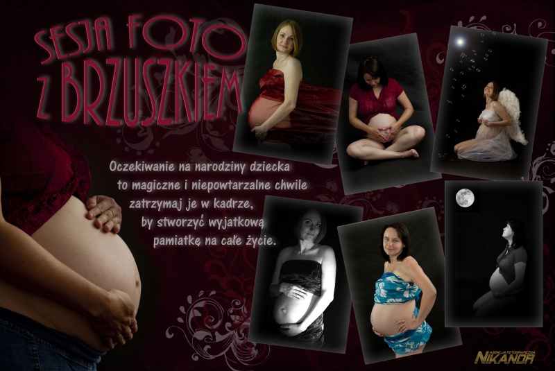 Kompozycja fotograficzna prezentująca kolaż zdjęć ciążowych z różnymi ujęciami i stylizacjami, otoczona bordowym tłem z ornamentami, z dużym napisem 'Sesja foto z brzuszkiem' i tekstem...