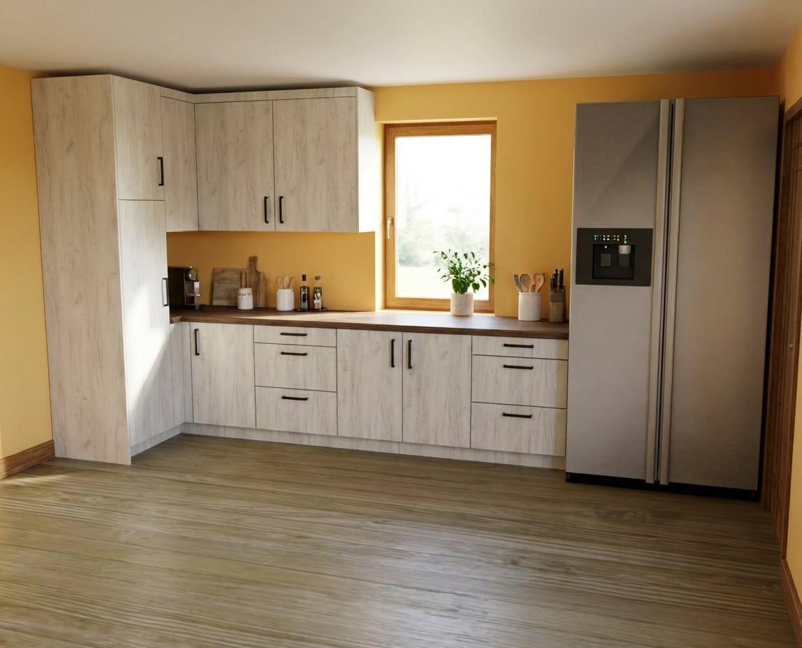 Wizualizacja projektu kuchni w domu jednorodzinnym z lodówką wolnostojącą.