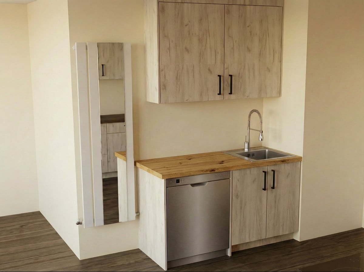 Wizualizacja 'kącika zmywalnego' w szerszym projekcie na kilku ścianach.