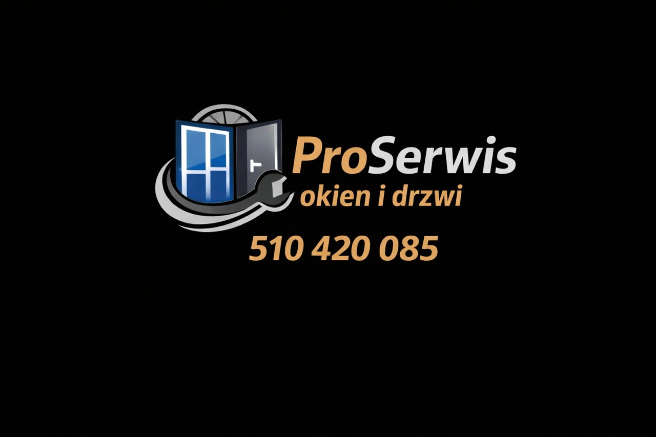 Logo firmy ProSerwis: grafika okna i drzwi z kluczem, nazwa firmy i numer telefonu na czarnym tle. Usługi w zakresie serwisu okien i drzwi.