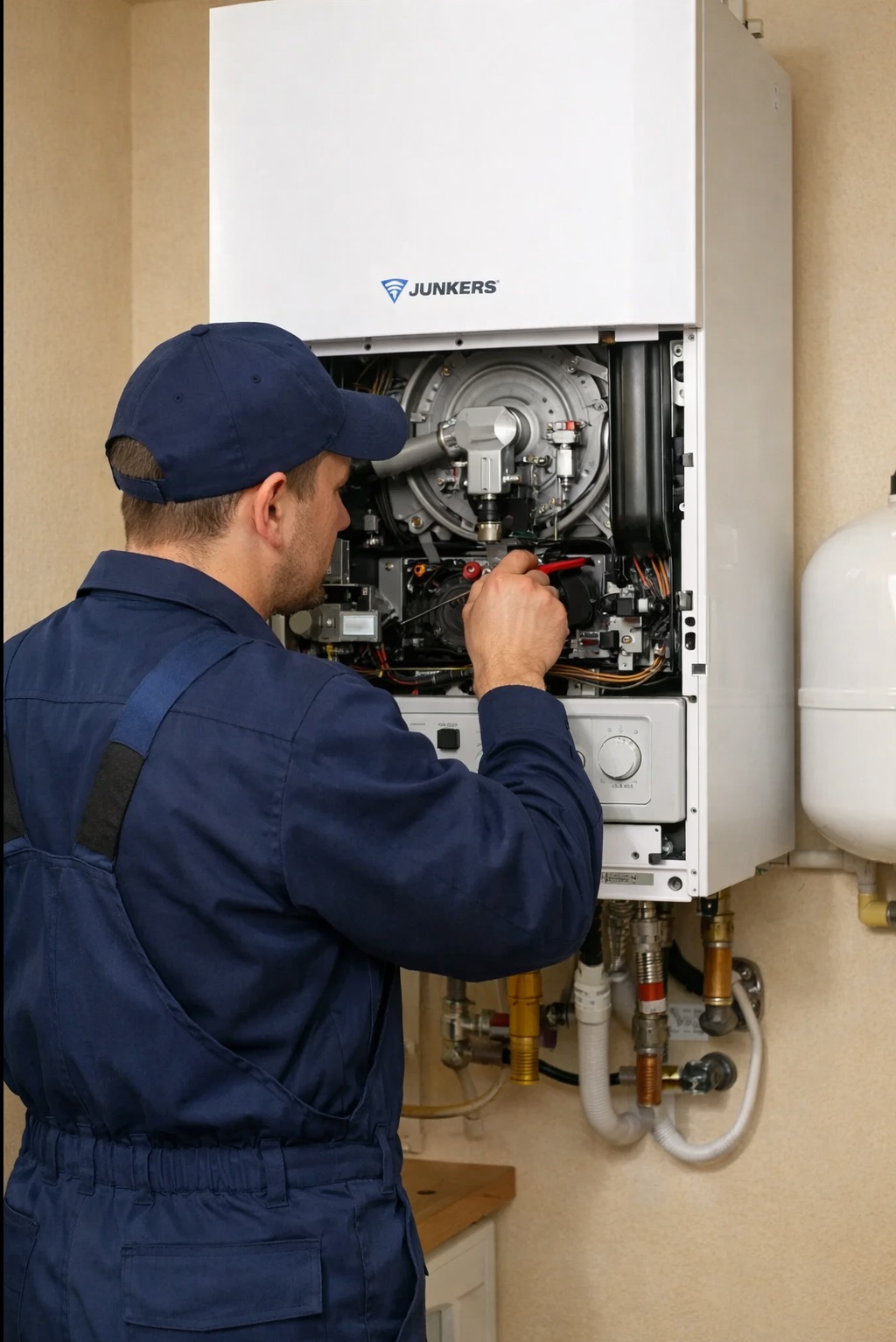 Instalator w niebieskim kombinezonie serwisuje wiszący piec gazowy Junkers, używając narzędzi. Widoczne rury i elementy instalacji. Jasne wnętrze.