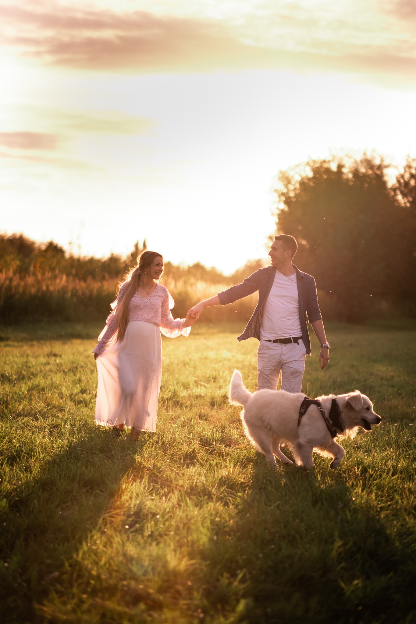 Ciążarna kobieta w zwiewnej sukience spaceruje po łące z partnerem i psem rasy golden retriever w promieniach zachodzącego słońca. Romantyczna atmosfera.
