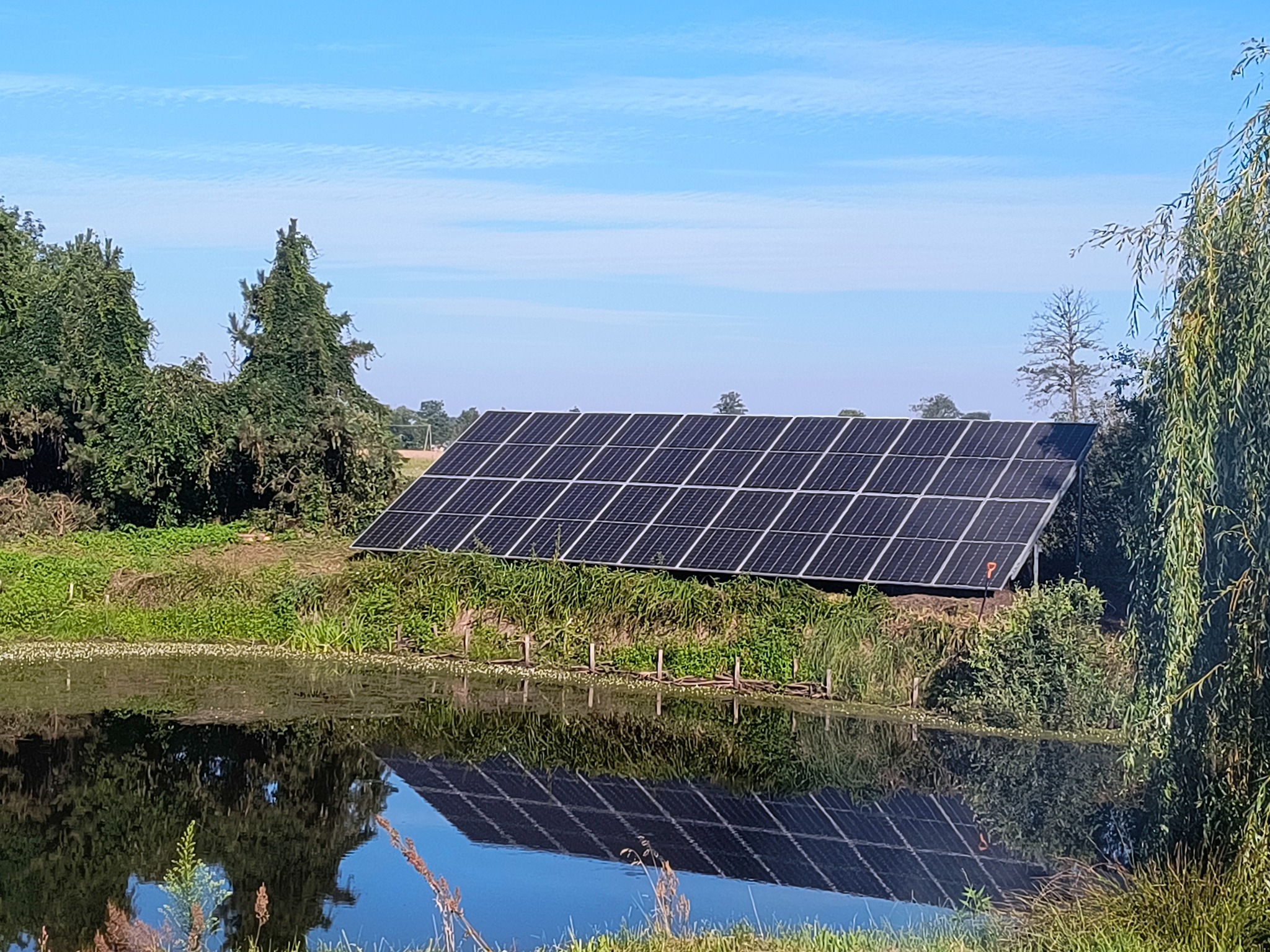 Panel fotowoltaiczny odbija się w stawie, otoczony zielenią i drzewami w słoneczny dzień. Widok na instalację z perspektywy lustrzanego odbicia w wodzie.