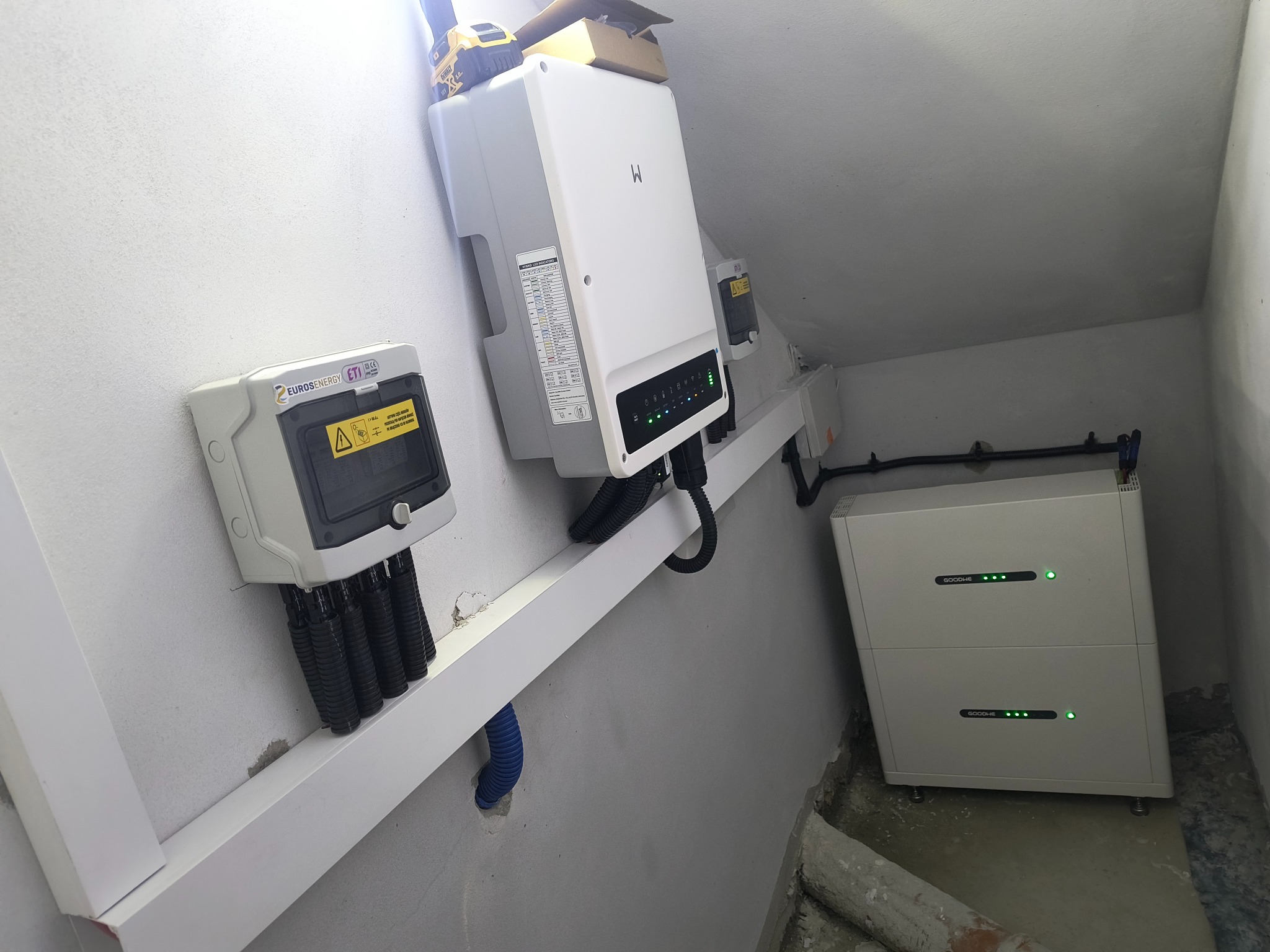 Zestaw fotowoltaiczny w pomieszczeniu: inwerter, rozdzielnica i akumulator. Widoczne przewody i elementy montażowe. Ściany w kolorze białym, surowa podłoga.