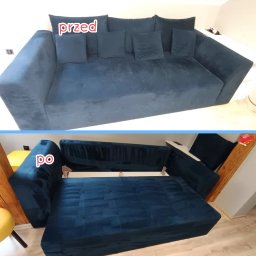 Cleaning Service Dolnośląskie - Granatowa kanapa przed i po praniu: widoczna różnica w czystości i odświeżeniu tapicerki. Ujęcie z góry, prezentujące efekt usługi prania mebli.