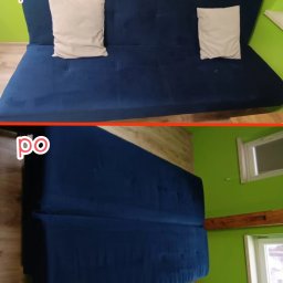 Cleaning Service Dolnośląskie - Granatowa kanapa przed i po czyszczeniu, z widocznymi poduszkami i odświeżoną tapicerką. Ujęcie typu 'przed' z góry, 'po' obrócone o 90 stopni.