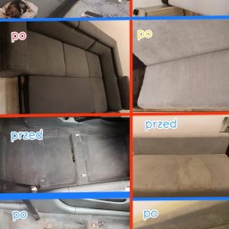 Cleaning Service Dolnośląskie - Kolaż 'przed i po' prezentujący efekty czyszczenia: narożnika, tapicerki kanapy i podłogi samochodu. Widoczne wyraźne różnice w czystości i wyglądzie.