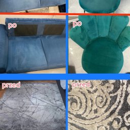 Cleaning Service Dolnośląskie - Kolaż 'przed i po' prezentujący efekty prania: niebieska sofa, zielony fotel, dywan z abstrakcyjnym wzorem i dywan w ornamenty. Widoczna poprawa czystości i odświeżenie kolorów.