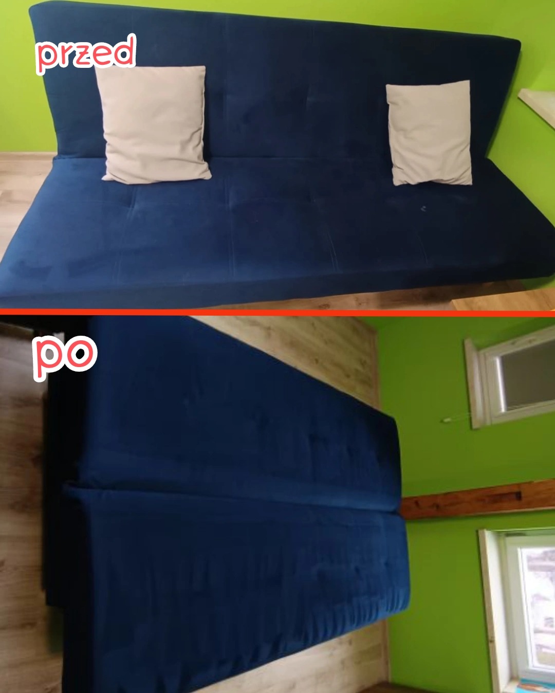 Granatowa kanapa przed i po czyszczeniu, z widocznymi poduszkami i odświeżoną tapicerką. Ujęcie typu 'przed' z góry, 'po' obrócone o 90 stopni.