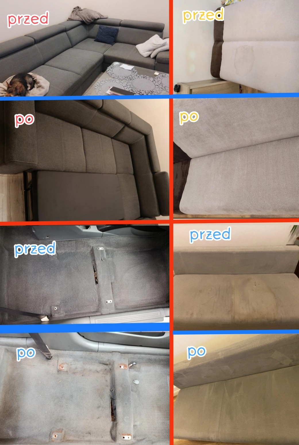 Kolaż 'przed i po' prezentujący efekty czyszczenia: narożnika, tapicerki kanapy i podłogi samochodu. Widoczne wyraźne różnice w czystości i wyglądzie.