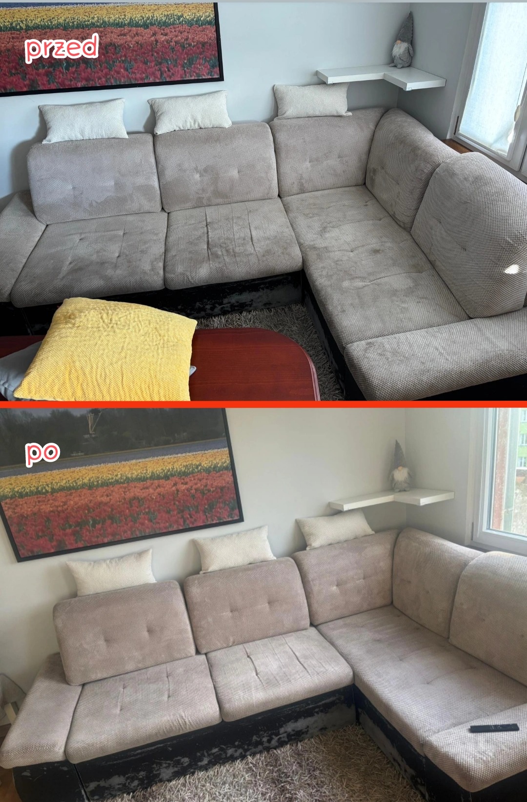 Tapicerowana kanapa narożna w salonie, ujęcie typu 'przed i po' ukazujące efekt czyszczenia. Widoczne różnice w odcieniu i czystości materiału.