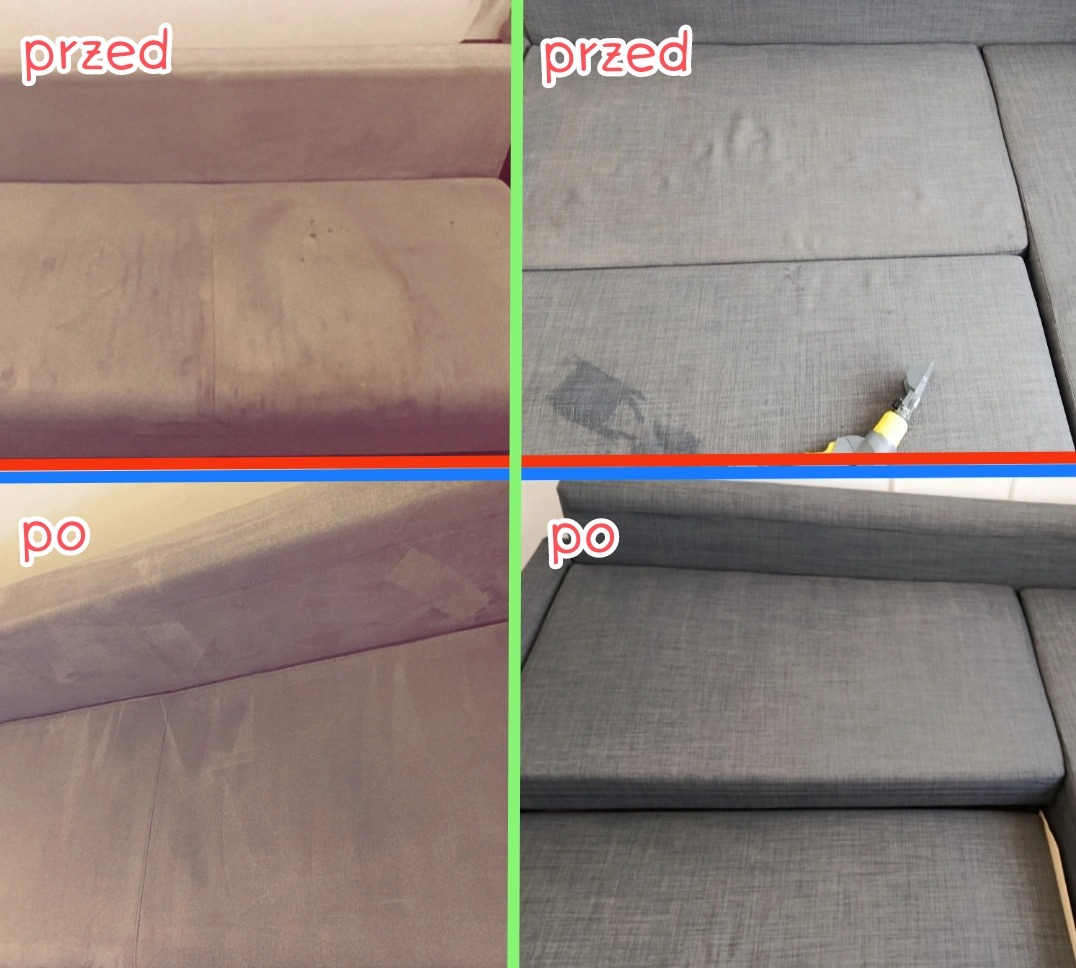 Szara kanapa narożna przed i po czyszczeniu, z widocznymi plamami przed i odświeżoną tapicerką po zabiegu. Porównanie efektu prania tapicerki.