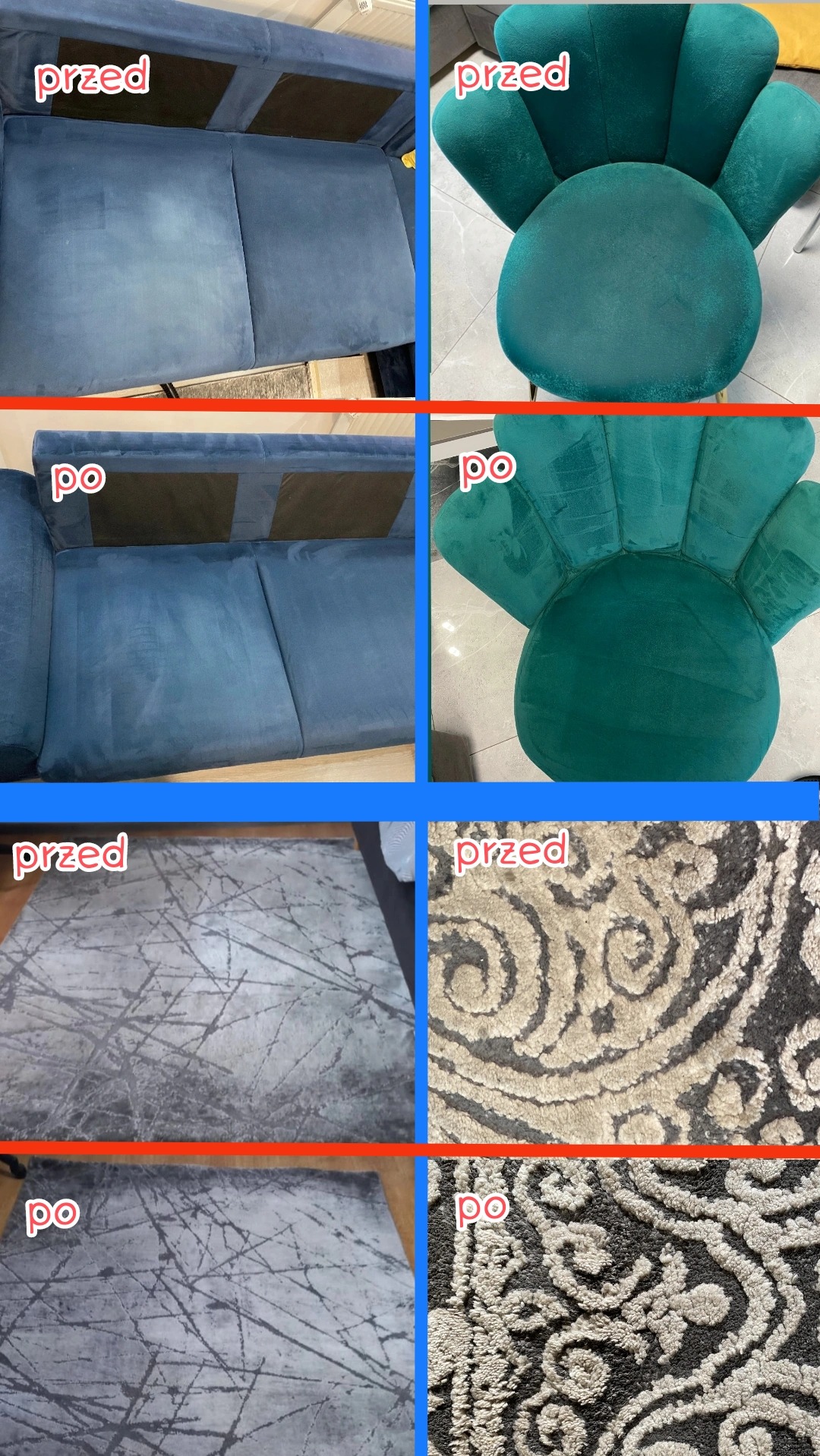 Kolaż 'przed i po' prezentujący efekty prania: niebieska sofa, zielony fotel, dywan z abstrakcyjnym wzorem i dywan w ornamenty. Widoczna poprawa czystości i odświeżenie kolorów.